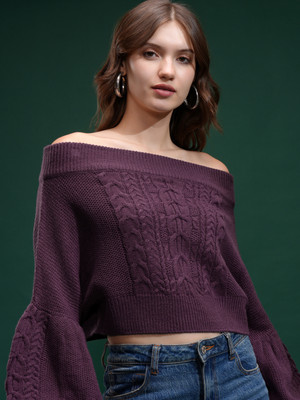 Tokyo Talkies Self Design Off Shoulder Casual Women Purple Sweater