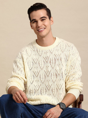 Mast & Harbour Self Design Round Neck Casual Men White Sweater