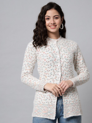 eWools Floral Print Round Neck Party Women White Sweater
