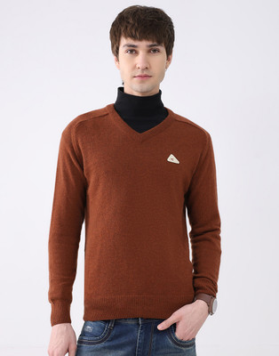 MONTE CARLO Self Design V Neck Casual Men Brown Sweater