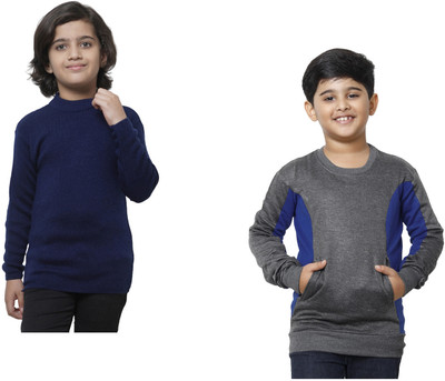 TBMANIA Solid Round Neck Casual Boys Blue, Grey Sweater