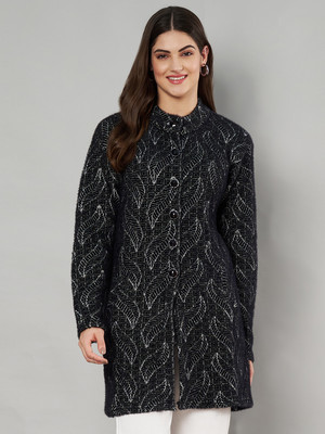 eWools Woven Mandarin Neck Casual Women Black Sweater