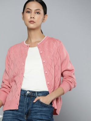 ether Self Design Round Neck Casual Women Pink Sweater