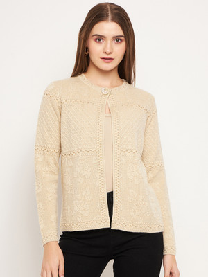 MADAME Self Design Round Neck Casual Women Beige Sweater