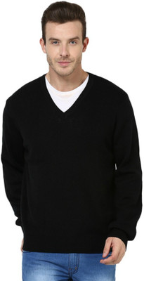 Super Weston Solid V Neck Casual Men Black Sweater