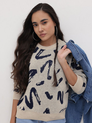 Roadster Self Design Round Neck Casual Women Beige Sweater
