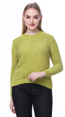 NOQUO Woven Round Neck Casual Women Light Green Sweater