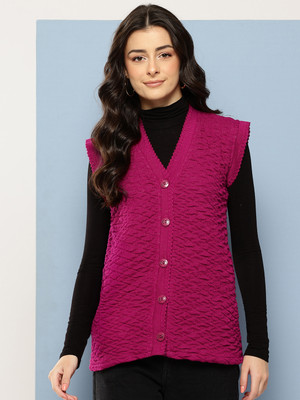 METRONAUT Self Design V Neck Casual Women Pink Sweater