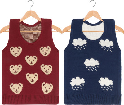 Knitco Embroidered Round Neck Casual Baby Boys & Baby Girls Maroon, Blue Sweater