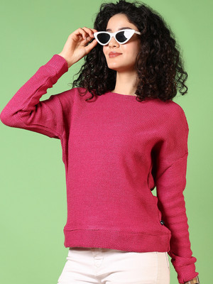 V-MART Solid, Self Design Crew Neck Casual Women Pink Sweater