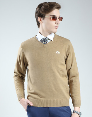 MONTE CARLO Solid V Neck Casual Men Beige Sweater