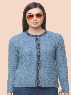 CLAPTON Self Design Round Neck Casual Women Light Blue Sweater