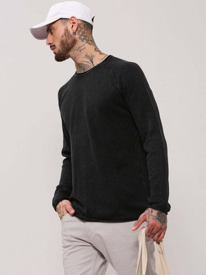 SHOWOFFFF Solid Round Neck Casual Men Black Sweater