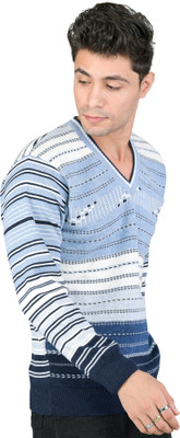 NICO WESLEY Self Design V Neck Casual Men Blue, White Sweater
