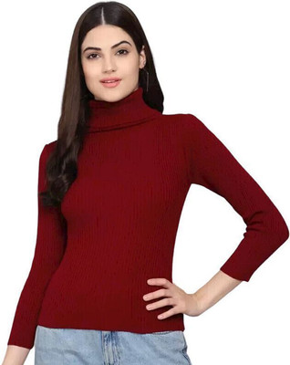 LITHISA Solid High Neck Casual Women Maroon Sweater