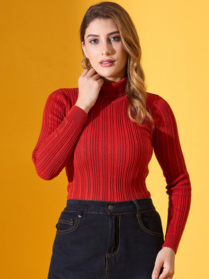 98 Degree North Striped High Neck Casual Women Maroon Sweater