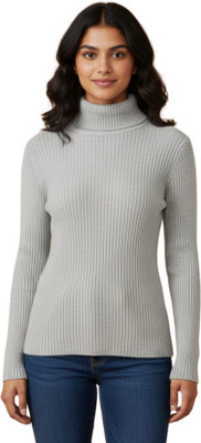 I Bar Solid High Neck Casual Women Grey Sweater