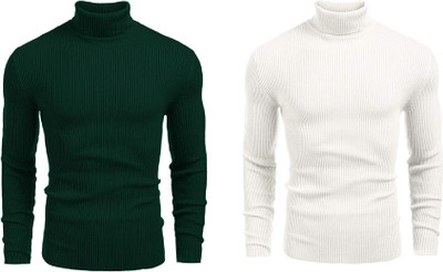 HouseOfCommon Solid High Neck Casual Men Green, White Sweater