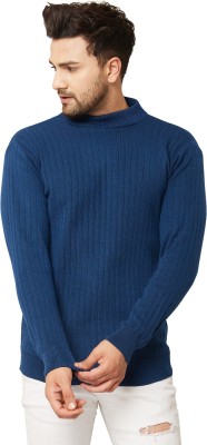 HouseOfCommon Solid High Neck Casual Men Blue Sweater