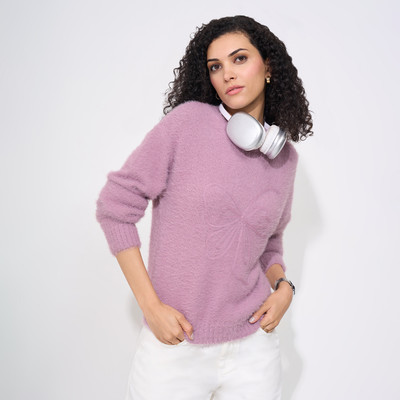 PEOPLE Printed Round Neck Casual Women Purple Sweater