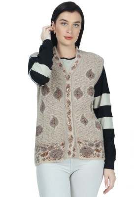 chatanya Floral Print V Neck Casual Women Brown Sweater