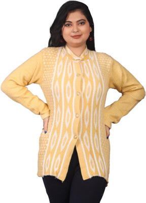 Rebiva Fab Self Design Mandarin Neck Casual Women Beige Sweater