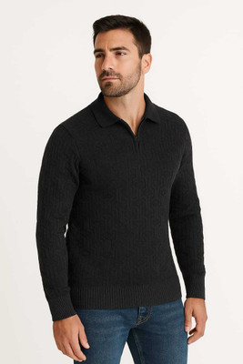 Maksa Self Design Collared Neck Casual Men Black Sweater