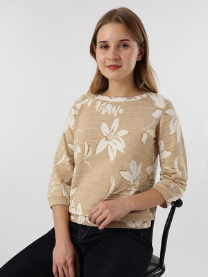 Pepe Jeans Floral Print Round Neck Casual Women Beige Sweater