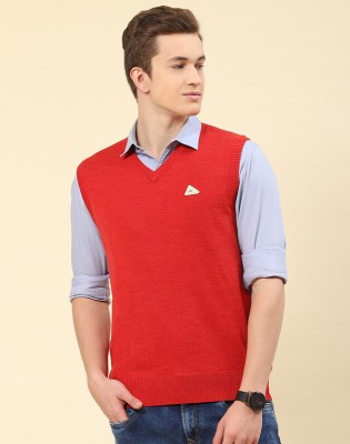 MONTE CARLO Solid V Neck Casual Men Red Sweater