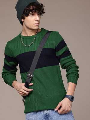 Roadster Striped Round Neck Casual Men Green Sweater