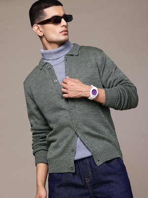 Roadster Solid Collared Neck Casual Men Green Sweater