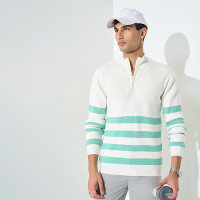 Peregrine by Pantaloons Striped High Neck Casual Men Blue Sweater
