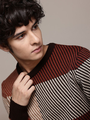 Roadster Striped Round Neck Casual Men Brown Sweater