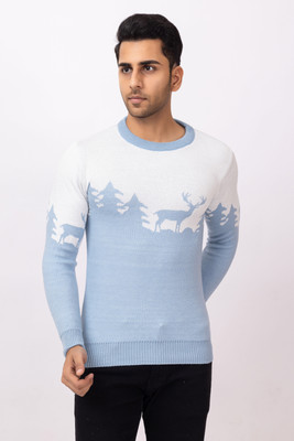 RUDRAKSH Self Design Round Neck Casual Men Blue Sweater