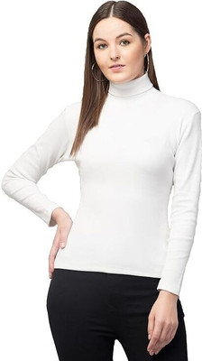 sewtaz Solid High Neck Casual Women White Sweater