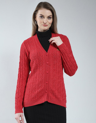 MONTE CARLO Self Design V Neck Casual Women Red Sweater