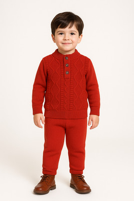 GTwo Self Design Round Neck Casual Boys Red Sweater