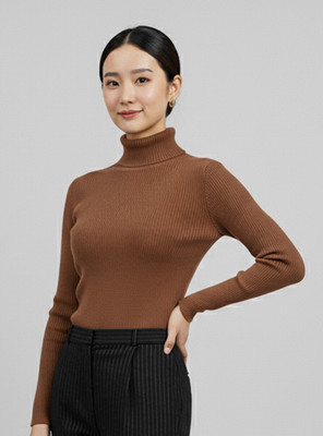 LIME Solid Turtle Neck Casual Women Brown Sweater