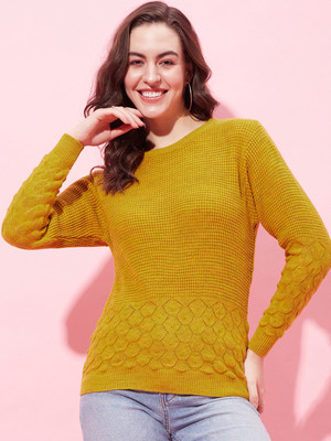 Modeve Self Design Round Neck Casual Women Yellow Sweater