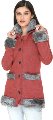 WOOL 4U Woven Collared Neck Casual Women Red Sweater
