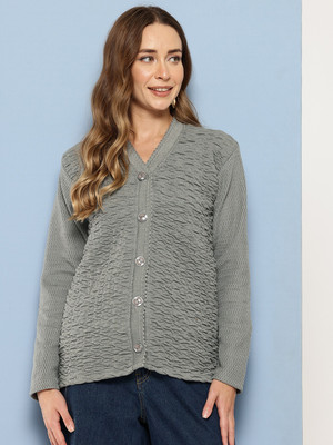 MUHURATAM Solid V Neck Casual Women Grey Sweater