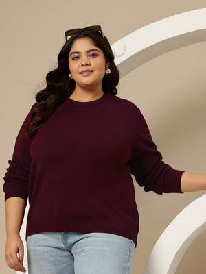 Sztori Self Design Round Neck Casual Women Maroon Sweater