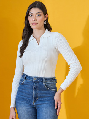 98 Degree North Self Design Collared Neck Casual Women White Sweater