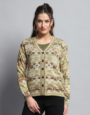 MONTE CARLO Printed V Neck Casual Women Green Sweater