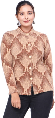 Pipasa Self Design Mandarin Neck Casual Women Gold Sweater