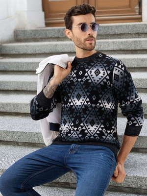 Status Quo Self Design Round Neck Casual Men Black, White Sweater