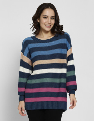 American Eagle Striped Round Neck Casual Women Multicolor Sweater