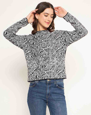 MADAME Printed Round Neck Casual Women Black Sweater