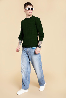 FASHLOOK Self Design Round Neck Casual Men Green Sweater