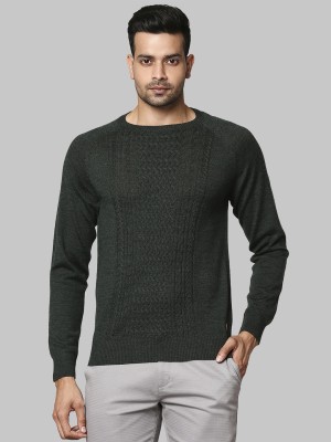 Raymond Self Design Round Neck Casual Men Dark Green Sweater